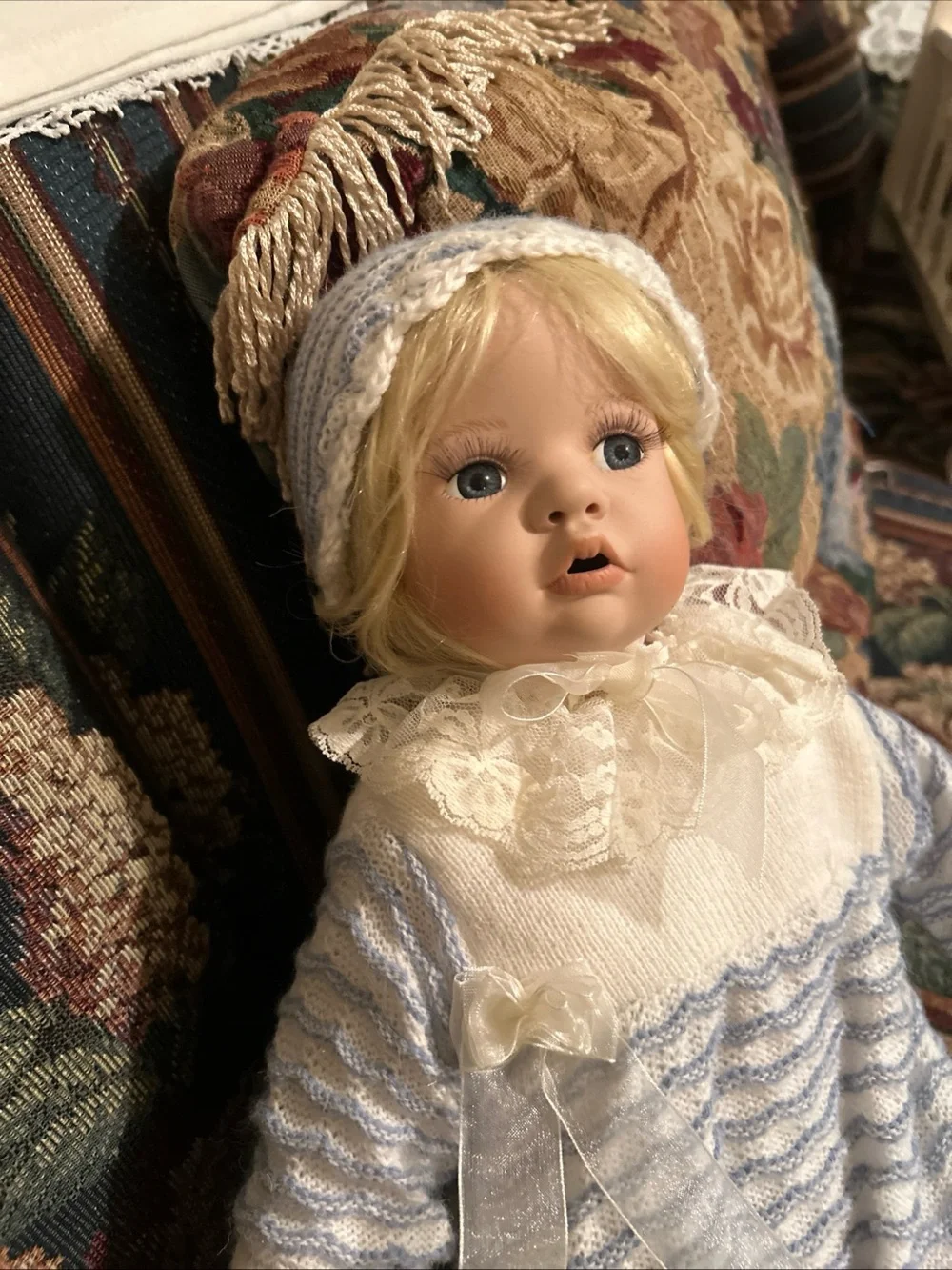Porcelain Baby Doll in Cream & Light Blue Knit Outfit